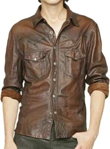 Men's Leather Shirt Real Lambskin Basic Vintage Brown Soft Jacket Biker Slim Fit - Picture 1 of 8