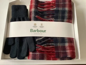 NEW BARBOUR SCARF (BURGUNDY GREY BLACK TARTAN) & BLACK GLOVES BOX GIFT SET - Picture 1 of 13