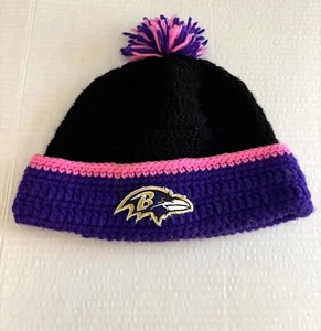 Baltimore Ravens Handmade Crocheted Beanie Cap Hat w/ Pom-Pom Pink Breast Cancer - Picture 1 of 5