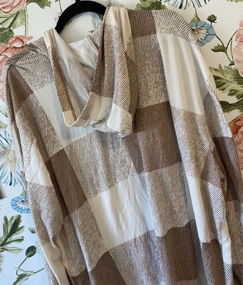 Truself Women's Cream Brown Plaid Hooded Cardigan Duster  Size 3X Sweater Cozy  - Image 1 of 4