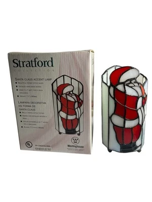 Vintage Christmas Tiffany Style Stained Glass Pillar Accent Lamp 7" Santa New - Image 1 of 4