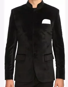 Vintage Herren Samt Grandad Nehru Blazer Mantel Jacke Schwarz S33 - Bild 1 von 10