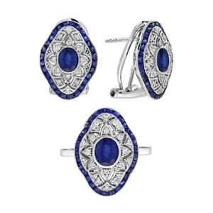 18K White Gold Blue Sapphire Diamond Art Deco Style Openwork Jewelry Set - Picture 1 of 18