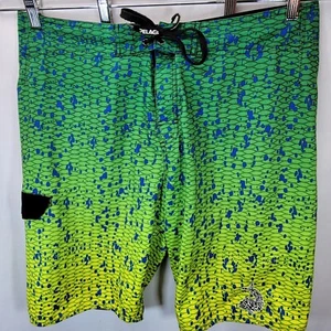 Pelagic Board Shorts Mens 36 Green Yellow Dorado Drawstring Pockets Casual Fish - Picture 1 of 11