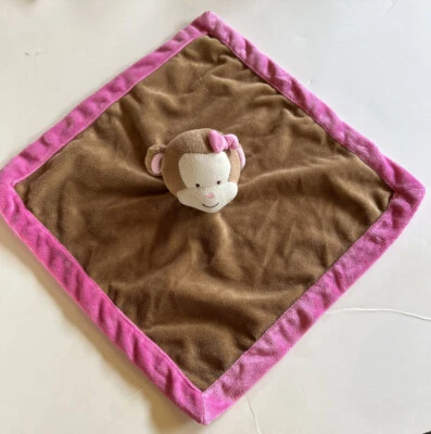 Tiddliwinks Girl Monkey Security Blanket Lovey Baby Plush Brown and Pink Trim  - Image 1 of 4
