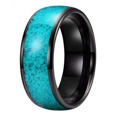 4/8 毫米男式女式硬质合金戒指带压碎绿松石镶嵌圆顶戒指 — 第 1/4 张图片