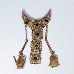 Filigree Crescent Dangle Brooch w Charms Made in Germany  - Picture 1 of 12