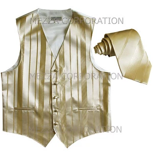 New Men's Tuxedo Vest Waistcoat Stripes Necktie prom wedding party Champagne - Picture 1 of 3