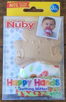 Guantes de dentición Nuby pan de jengibre hombre vacaciones Navidad manos felices guante 3+ NUEVO Foto 1 de 4
