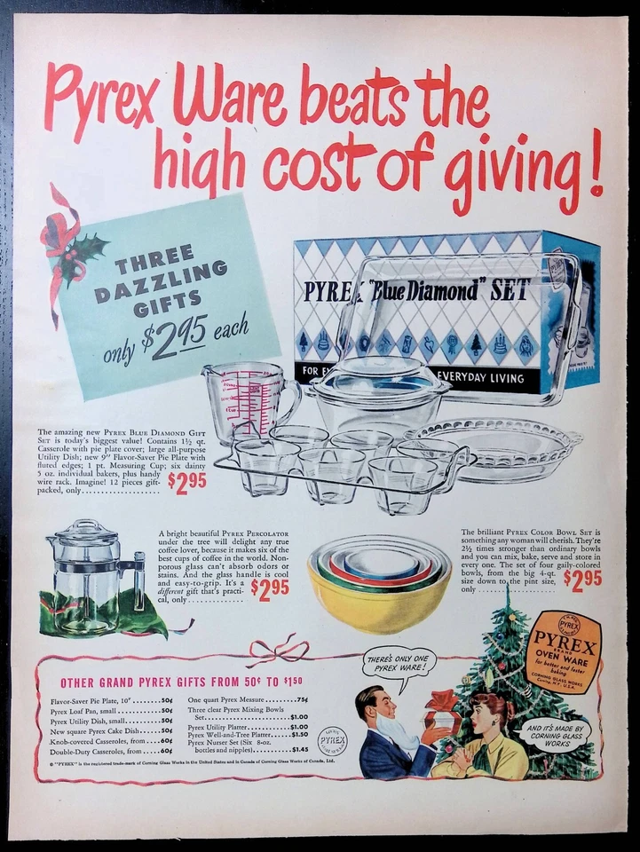 Publicidad impresa Años 40 Navidad Pyrex Cuencos Colores Azul Diamante Conjunto Percolador Árbol Foto 1 de 1
