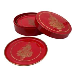 Vtg OTAGIRI Japan Red Lacquerware Gold Christmas Tree 6 Coaster Set Holiday Box - Picture 1 of 20