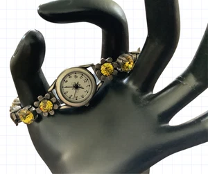 Vintage Mary Demarco La Contessa Armbanduhr mit Schmucksteinen 7" gelb braun grün - Bild 1 von 6