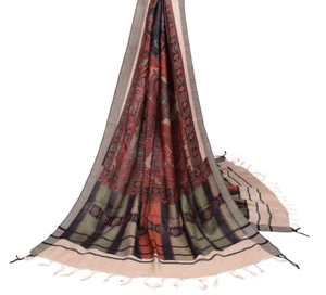 Estola larga suave multicolor de lana pura con estampado de bloques a mano de Sushila vintage - Imagen 1 de 8