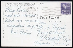 1953 Prexie solo use 807 Shenandoah National Park postcard VA to Germany - Imagen 1 de 2