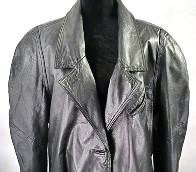 Винтажный черный кожаный размер L пальто большой плеча воротник ремень с подкладкой траншея 80-х большого размера - Изображение 1 из 4