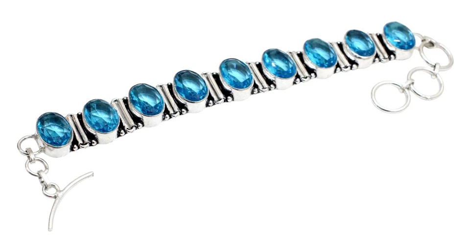 Швейцарский синий топаз драгоценных камней ручной работы 925 пробы ювелирных изделий браслет размер 7-8" - Изображение 1 из 2