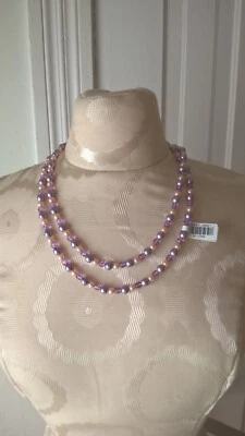 Macy's Fashion Necklace 22" String Of Faux Pearls & Amethyst Beads Lightweight - Image 1 of 4
