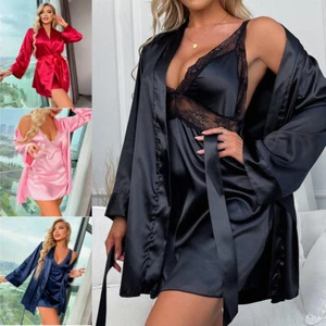 Women's Satin Silk Silky Robe with Sexy Slip Nightgown Sleepwear Pajamas Set US - Picture 1 of 26