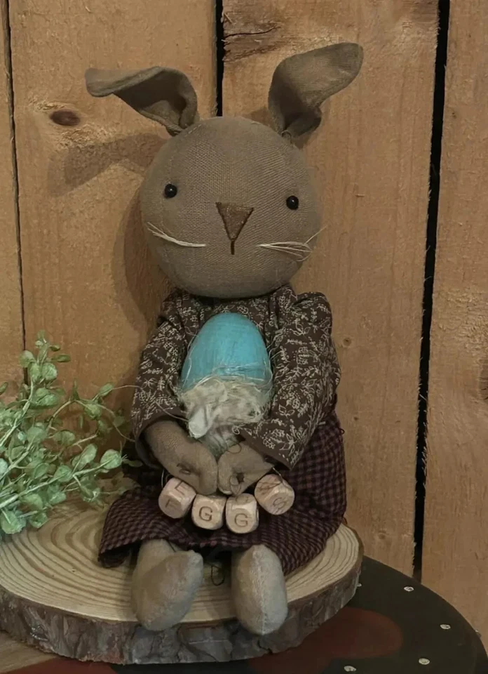Primitive Bunny - cute chubby bunny with nest, Egg, Easter, Spring, Garden Home - Image 1 of 1