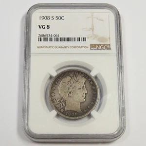 1908 S NGC VG8 - Silver Barber Half Dollar - 50c US Coin #50690B - Picture 1 of 2