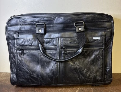 Vtg Black Patchwork Leather Briefcase Laptop Bag Shoulder Strap Zip Pockets - Изображение 1 из 4
