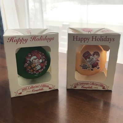 Enfeites de Natal sopa Campbells - 1994, 1995 vidro redondo novo em folha na caixa - Imagem 1 de 4