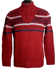 Fair Isle Sweater Wool 1/4 Zip Pullover Red Blue Ski Lodge 1/2 Nautica Men's S - Picture 1 of 10
