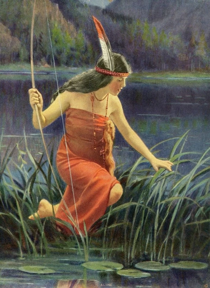 Impresión artística vintage de Aline Indian Maiden con arco escena americana occidental de 1920 Foto 1 de 1