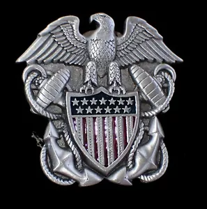 NICE LOOKING US NAVY ANCHOR/EAGLE BELT BUCKLE "ANY TIME BABY" VTG. 1991 PEWTER - Picture 1 of 2