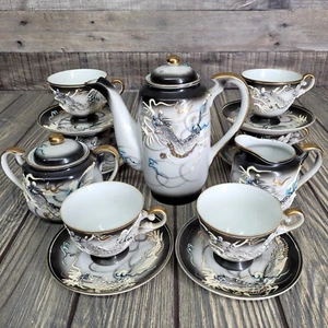 DragonWare Tea for 6 Set Japanese Moriage Hand Painted Black 17 Piece Vintage VG - Picture 1 of 24