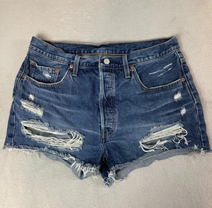 Levis 501 Cut Off Shorts Womens Size 33 Blue High Rise Button Fly Destressed - Picture 1 of 11