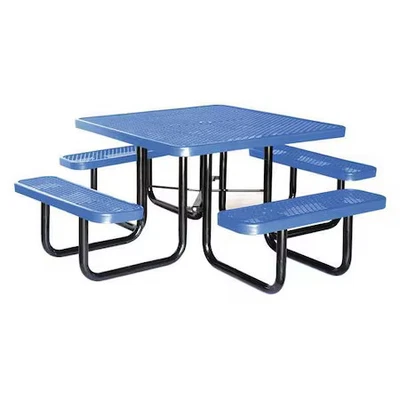 Mesa de picnic cuadrada, azul, metal expandido, 4 asientos, 80 in L, 29 5/8 in H Foto 1 de 2