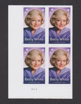 2025 US Imperf Betty White Forever Plate Block PB of 4 Scott 5976a Imperforate - Image 1 of 2