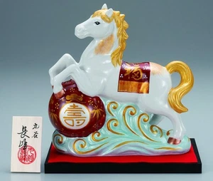 Kutani Porcelain Zodiac Fire Horse 2026 Figurine Red & Gold Wave Riding Japan - Picture 1 of 2
