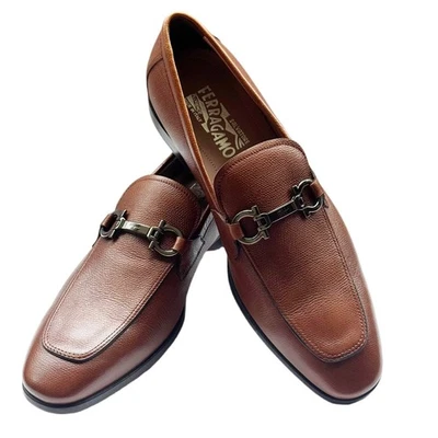 Ferragamo REE 8.5D Brown Pebbled Calf Leather Dress Gancini Loafers Men's Casual - Image 1 of 4