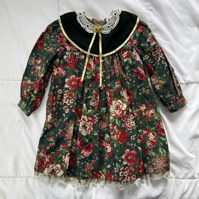 Vtg Jo Lene Christmas Dress Girl 4T Floral Holiday Velvet Collar Portrait Church - Image 1 of 4