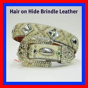 S M L or XL BRINDLE HAIR LEATHER DIAMOND RHINESTONE BUCKLE WESTERN COWBOY BELT