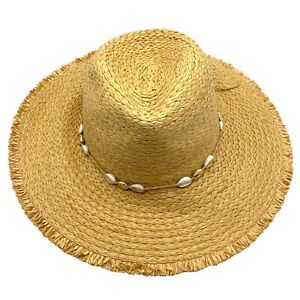 INC Frayed-Edge Panama Hat With Shell Band Adjustable UV Protect 50+
