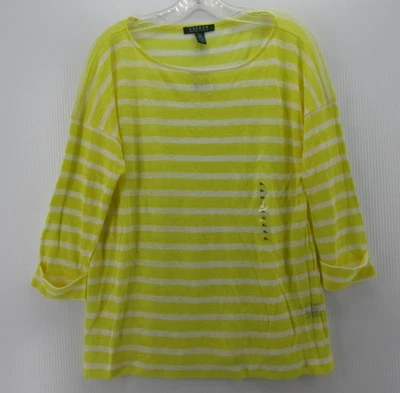 Suéter Lauren Ralph Lauren Mujer XL Amarillo Blanco Lino Pullover Rayas NUEVO Foto 1 de 4