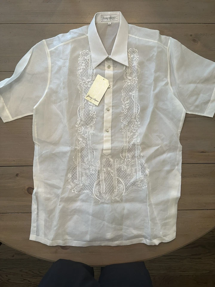 Barong Filipino Shirt Mens XL Jusi Raw Silk Embroidered Short Sleeve Formal - Image 1 of 4
