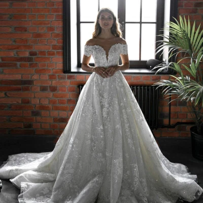 Vestidos de novia de lujo línea A fuera del hombro encaje lentejuelas apliques vestidos de novia Foto 1 de 4