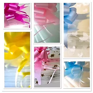 💜Cellophane Hamper Bag & Bows Baby Pram Clear Gold Star Gift Wrap All Sizes - Picture 1 of 109