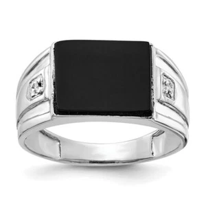 10K Solid White Gold Diamond Onyx Mens Ring - Picture 1 of 100