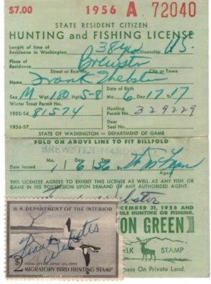 1956 RW23 Washington Hunting Fishing License Federal Duck Stamp Free Shipping  - Image 1 of 3
