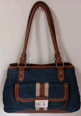 Cartera de mimbre tejida Chaps azul marino marrón bolso de hombro bolsillos 14" W 9" H Foto 1 de 4