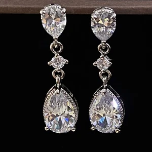 14k White Gold Plated Long Drop Earrings made w Swarovski Crystal Bridal Jewelry - Picture 1 of 12