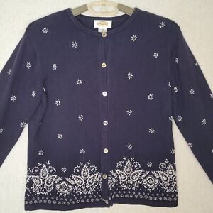 Talbots Cardigan Sweater Embroidered Paisley Medium Blue White Cotton 38 Chest