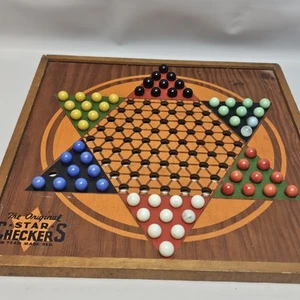 Vtg The Original 1938 Star Chinese Checkers Wood Game Board w/ 59 Glass Marbles - Picture 1 of 23