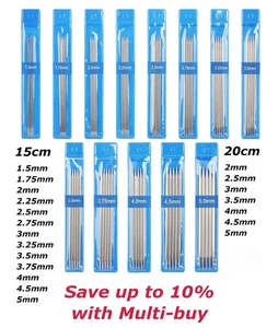 Set of 5 - 15cm 20cm Stainless Steel Double Pointed Knitting Needles 1.5mm - 5mm - Picture 1 of 1
