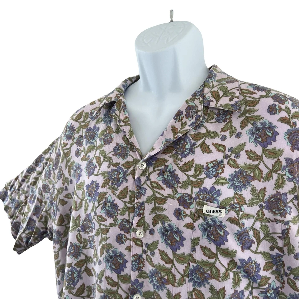 Camisa masculina vintage Guess média floral rayon botão para cima Georges Marciano anos 90 - Imagem 1 de 4